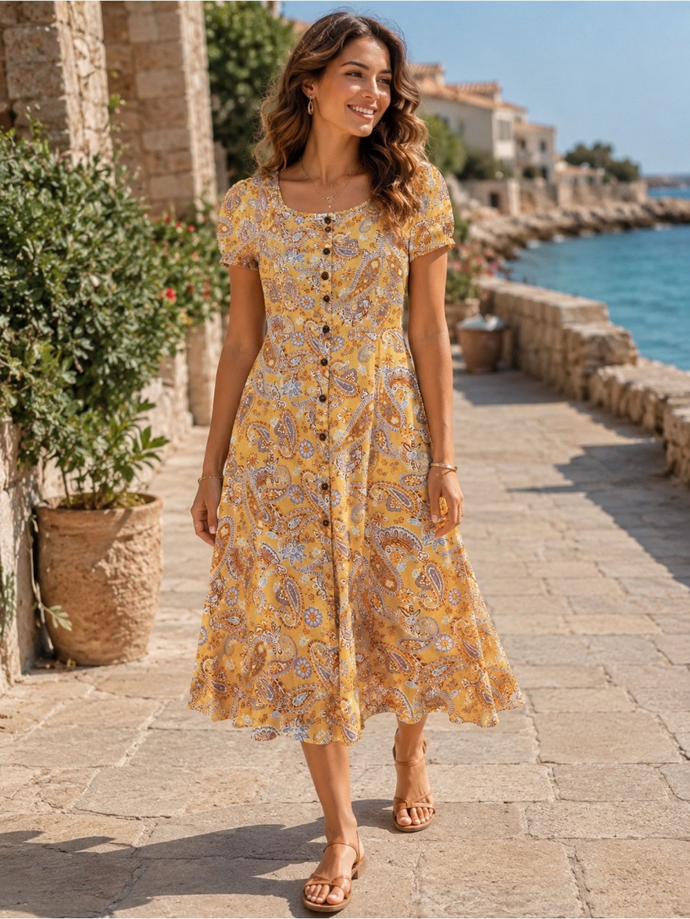Indigo Rose Yellow Paisley Button-Front Boho Dress Size Large